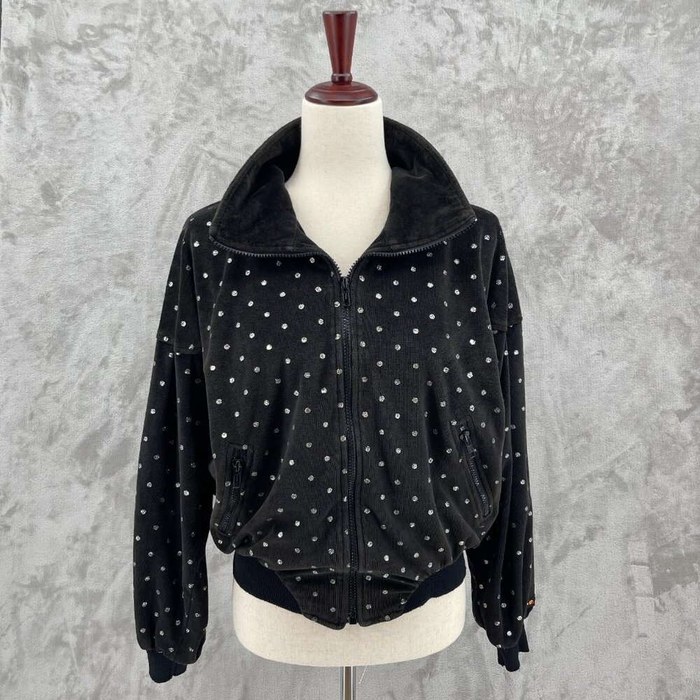Vintage 90s ellesse Black Velour Silver Glitter Dot Full Zip Jacket